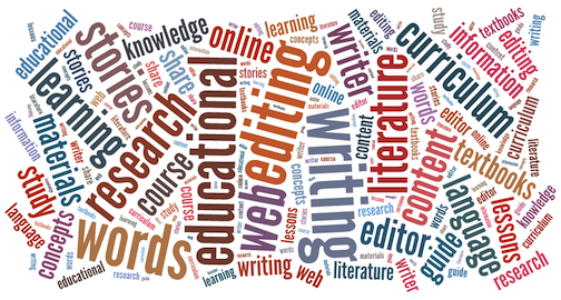 word cloud containing terms such as educational, editing, writing, curriculum, research, information, and learning